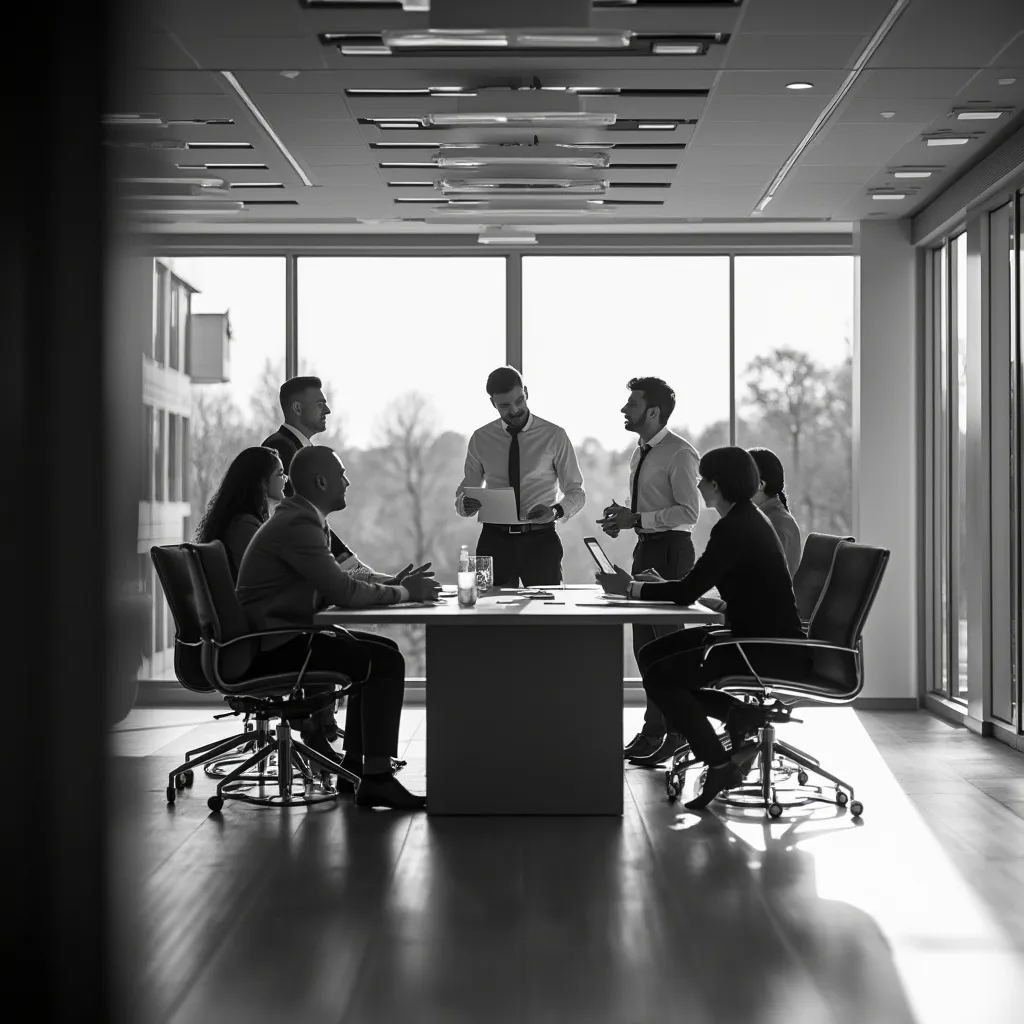 Consultores colaborando en una sala de reuniones luminosa