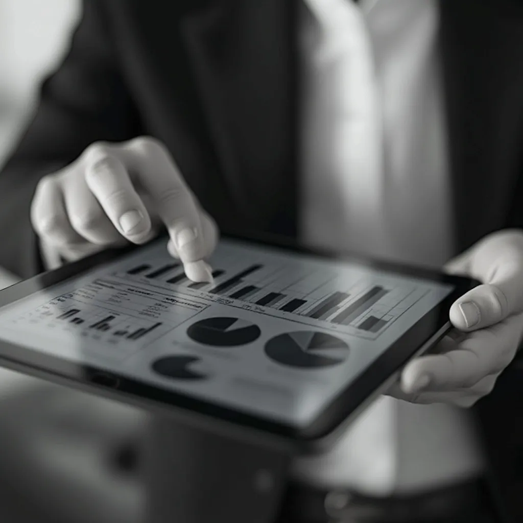 Primer plano de manos trabajando en una tablet con gráficos