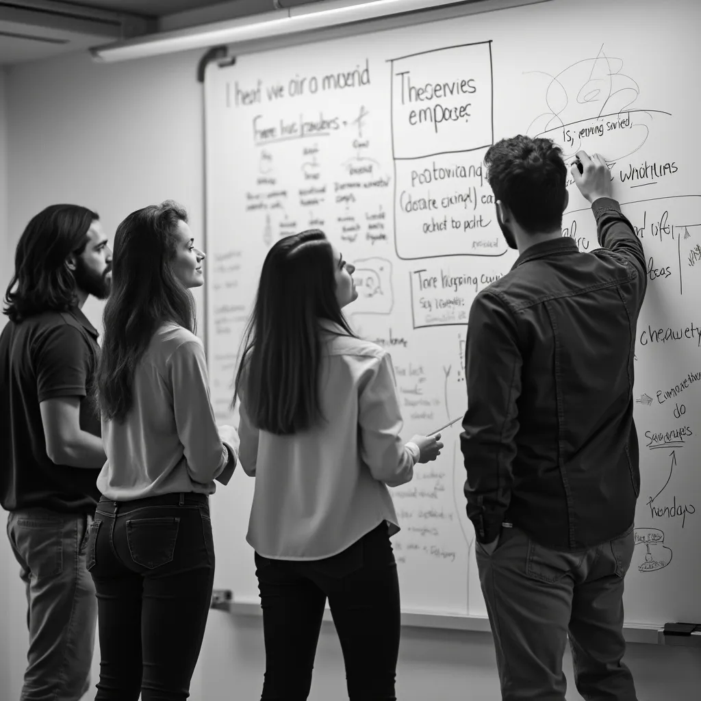 Equipo discutiendo ideas en una pizarra blanca