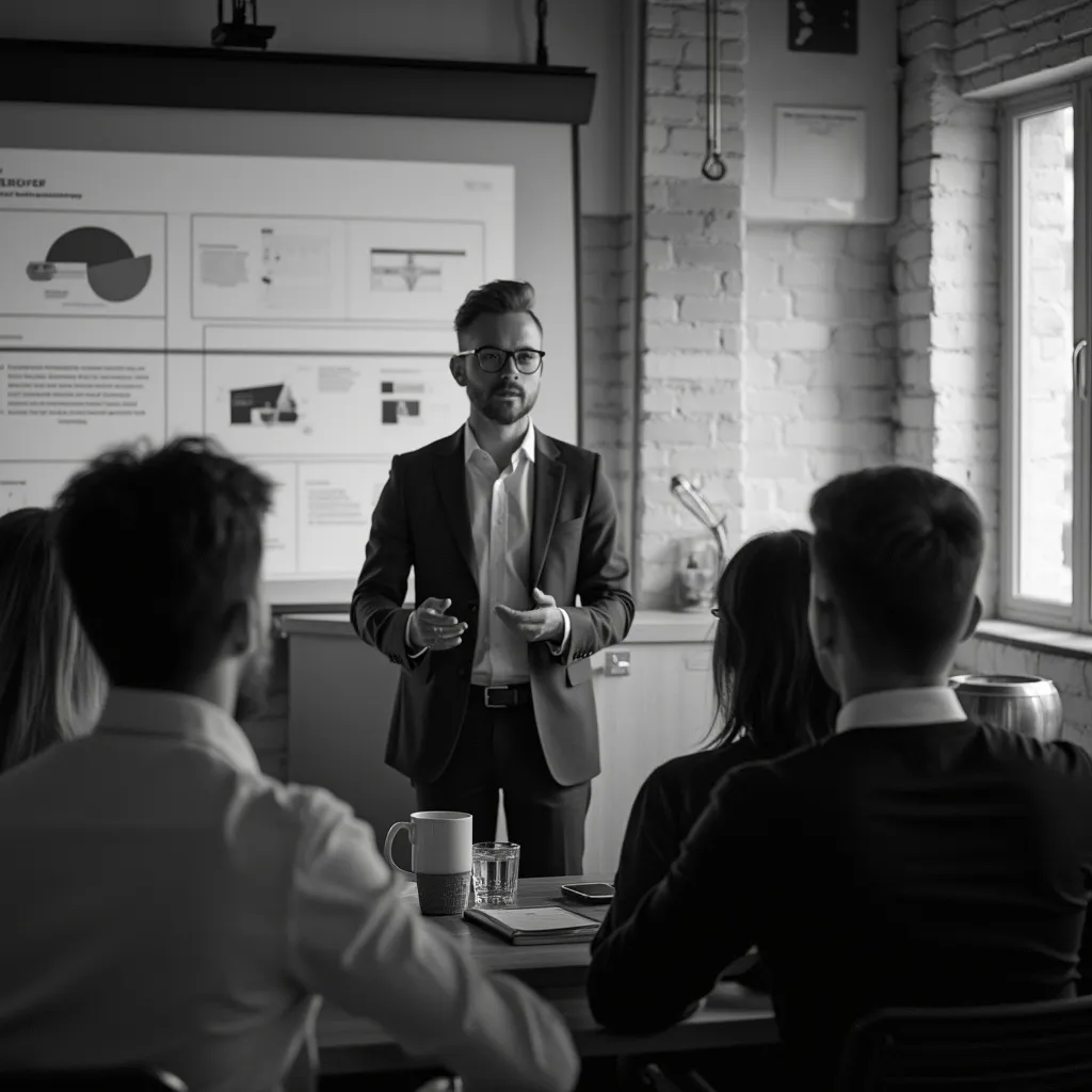 Profesional dando una presentación a un grupo pequeño