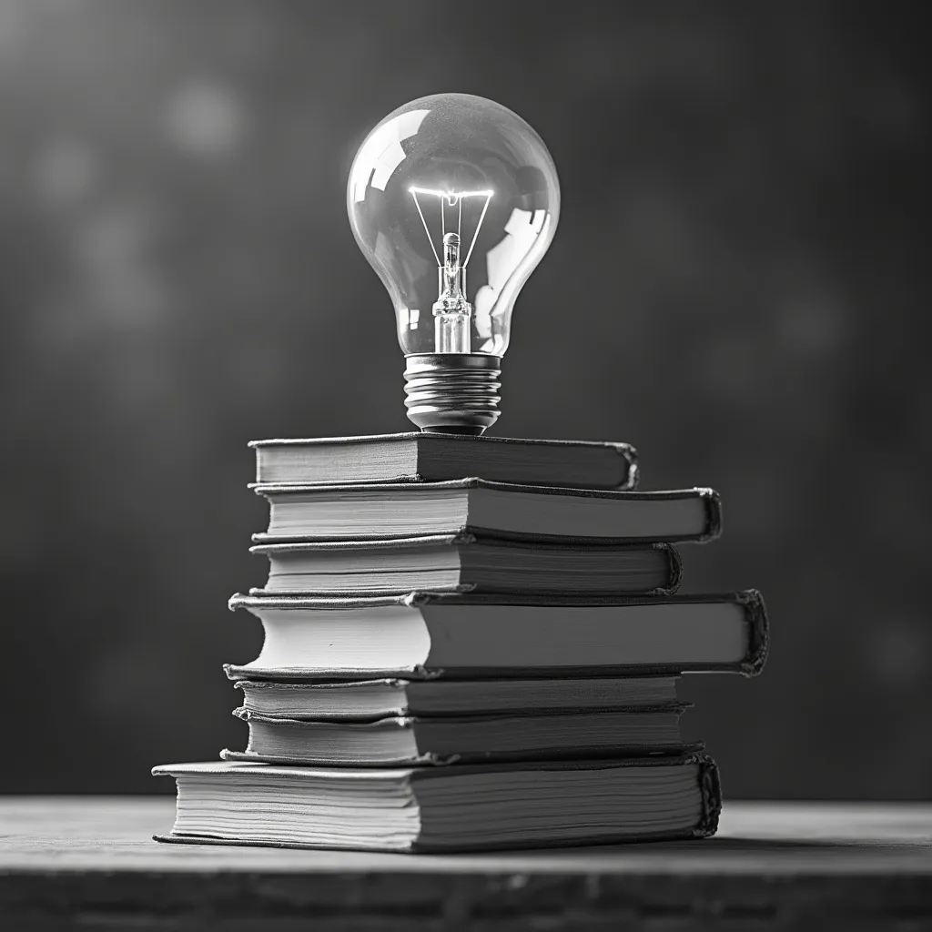 Montón de libros con una bombilla encima